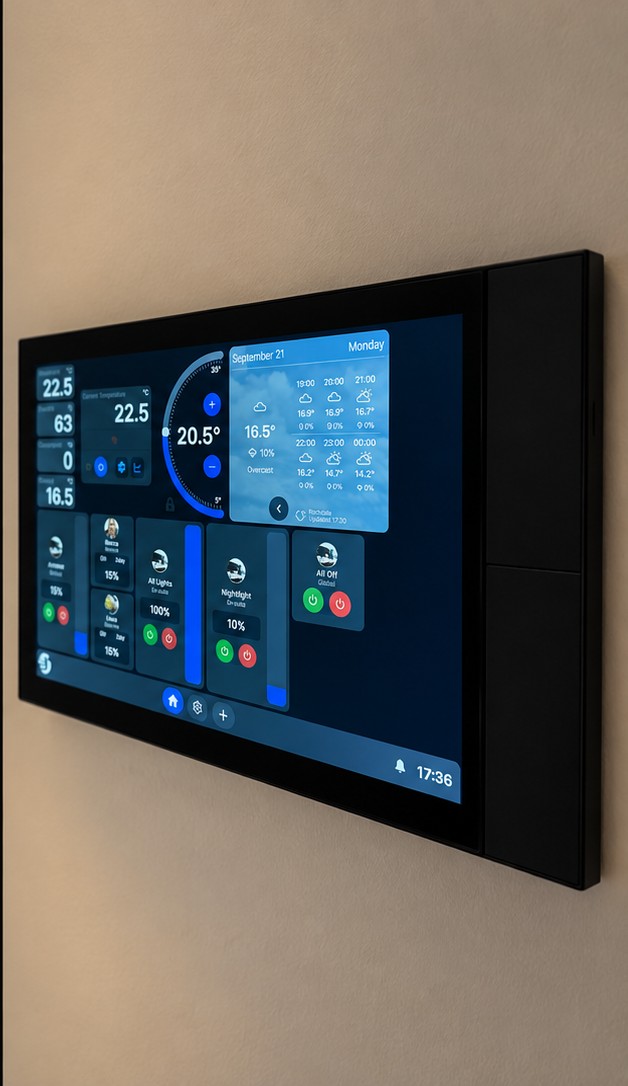 Wall-mounted smart home control panel showing lighting, heating and energy control